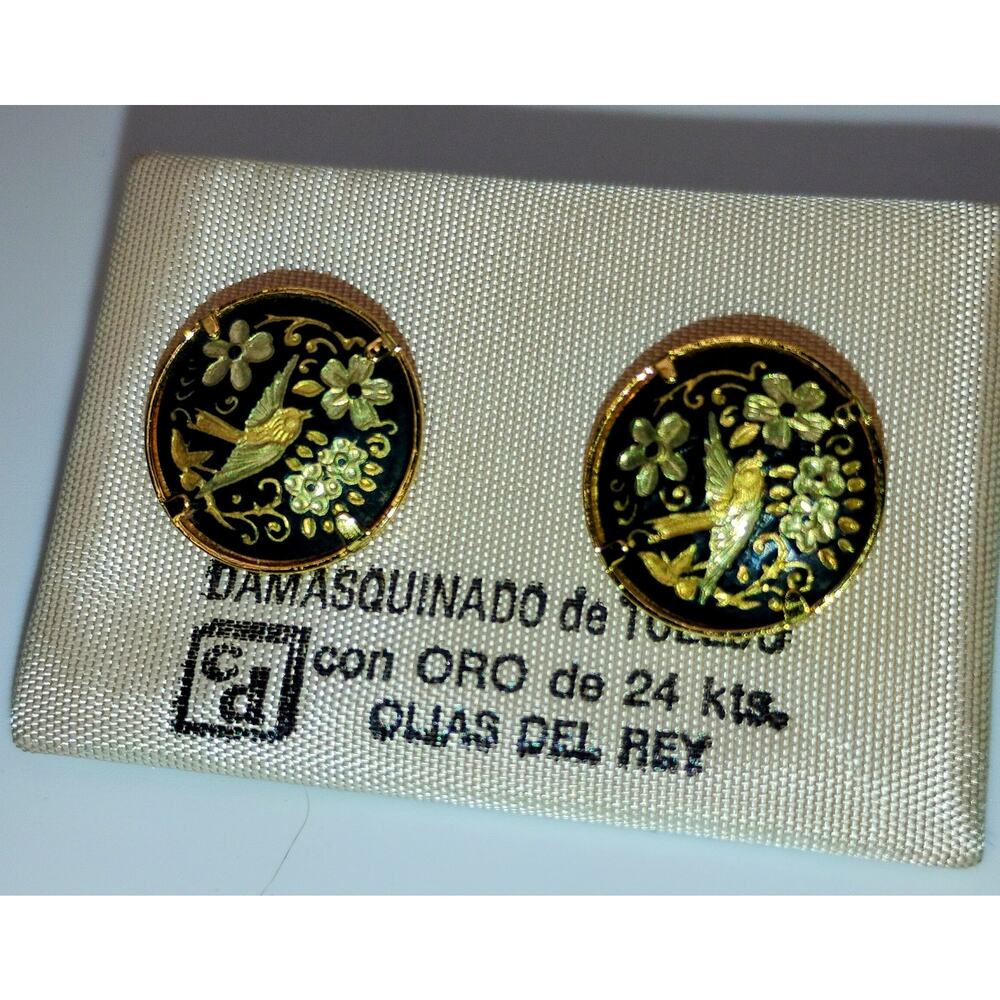 Vintage Toledo Spain Damascene Earrings 24K Gold Inlay Bird Floral Stud